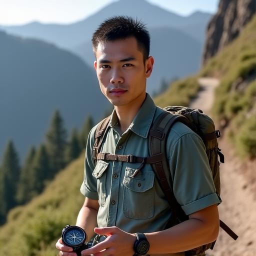 Alex 'The Navigator' Chen, founder of TrailBlaze Gear, standing on a trail with a compass.